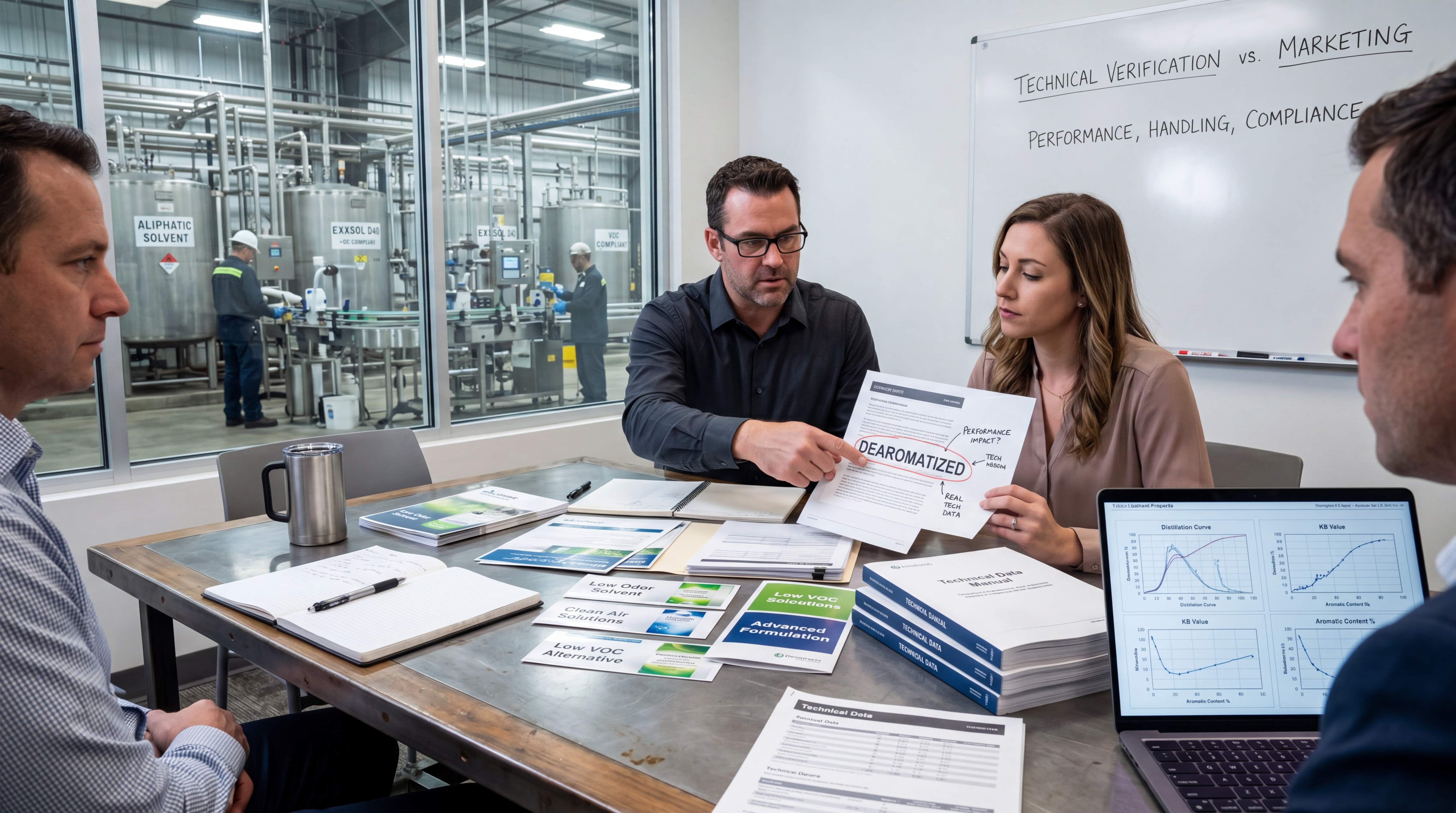 Industrial team comparing marketing language and technical verification for dearomatized, low-odor and low-VOC solvent claims